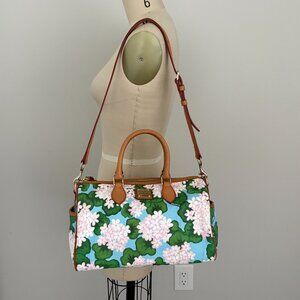 Dooney & Bourke Pink Blue Hydrangea Coated Canvas/Leather Bag Floral Strap Bag